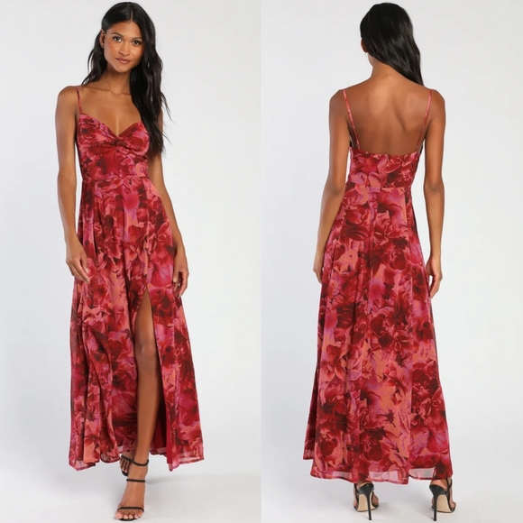 Lulus Beautiful Soul Burgundy Floral Print Twist-Front Maxi Dress S Wedding - Picture 1 of 9